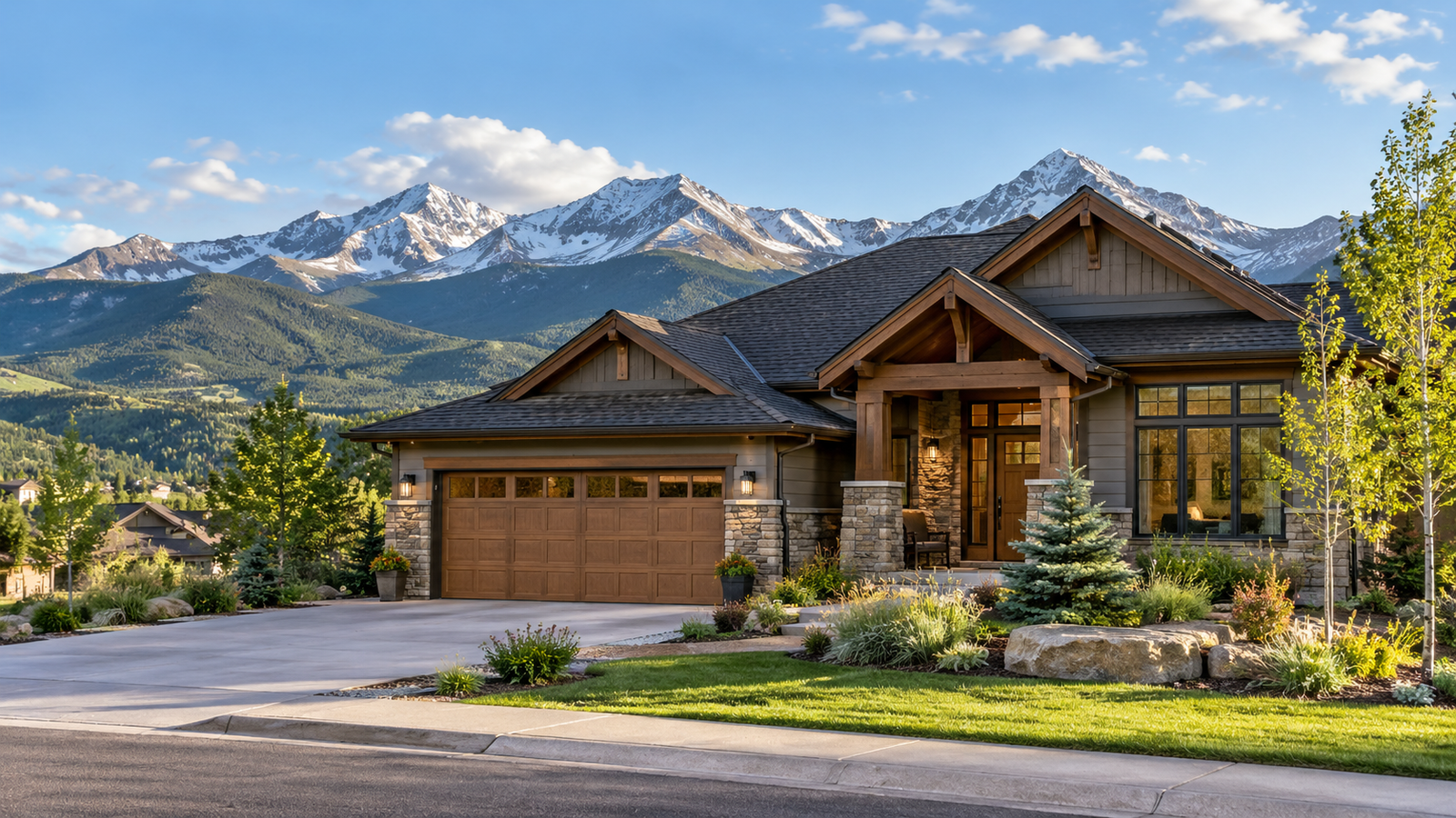 Modern Colorado home with a landscaped lawn and snow-capped Rocky Mountains in the background.