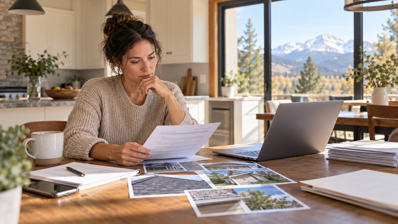 Homeowner studying property improvement documentation and insurance paperwork at a kitchen table.