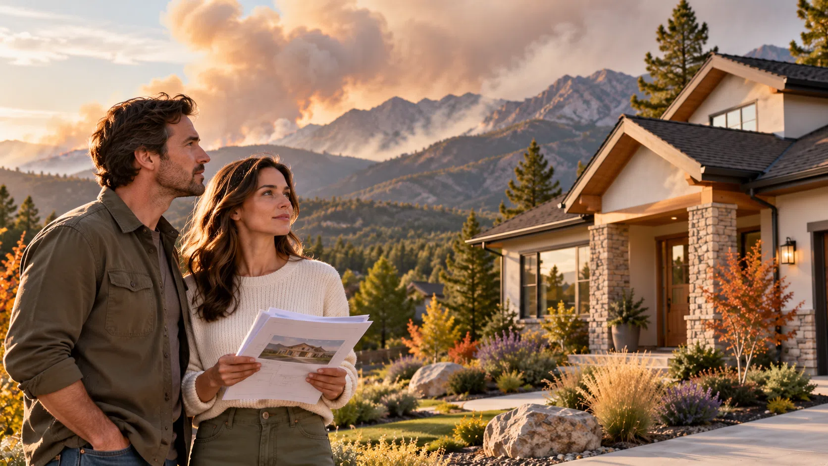 Home located near forest and mountain terrain where wildfire risk is a concern.