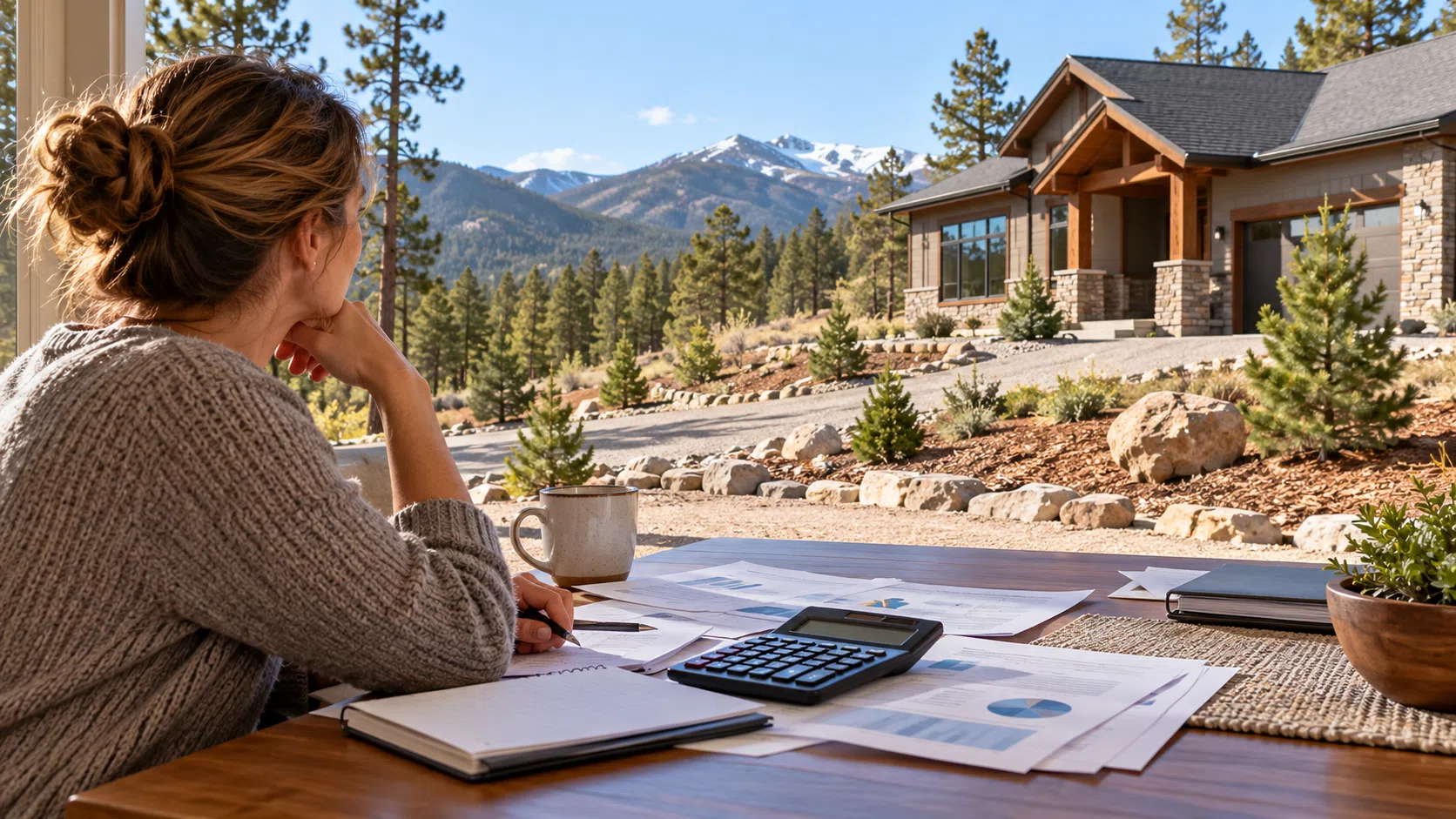Homeowner reviewing cost records and paperwork for wildfire mitigation improvements.