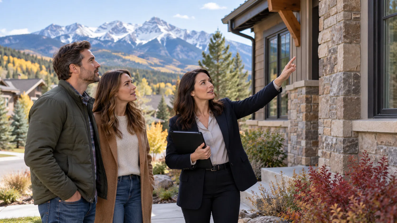 Prospective homebuyers examining a Colorado residential property with an adviser.
