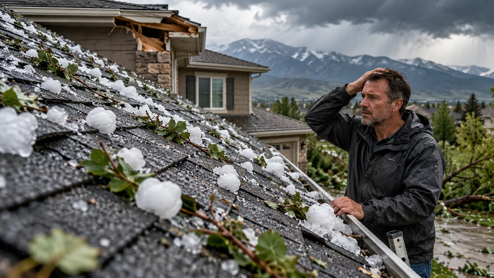 Residential roof with signs of severe weather exposure and hail-related concerns.