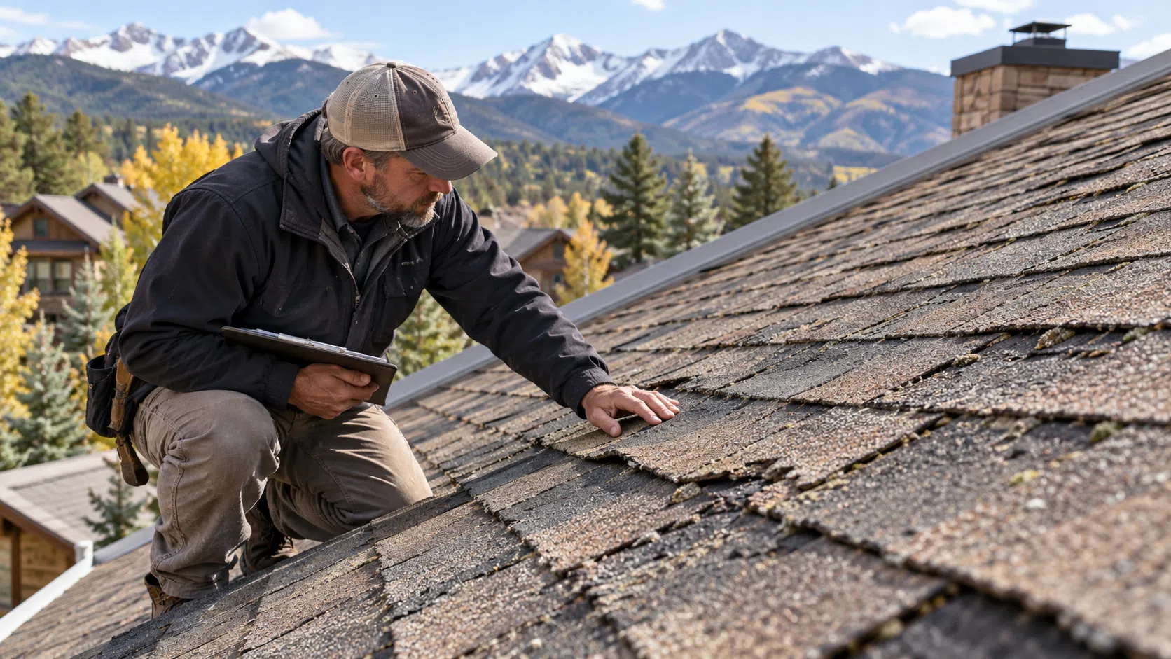 Roofing professional examining the condition of older asphalt shingles on a house.