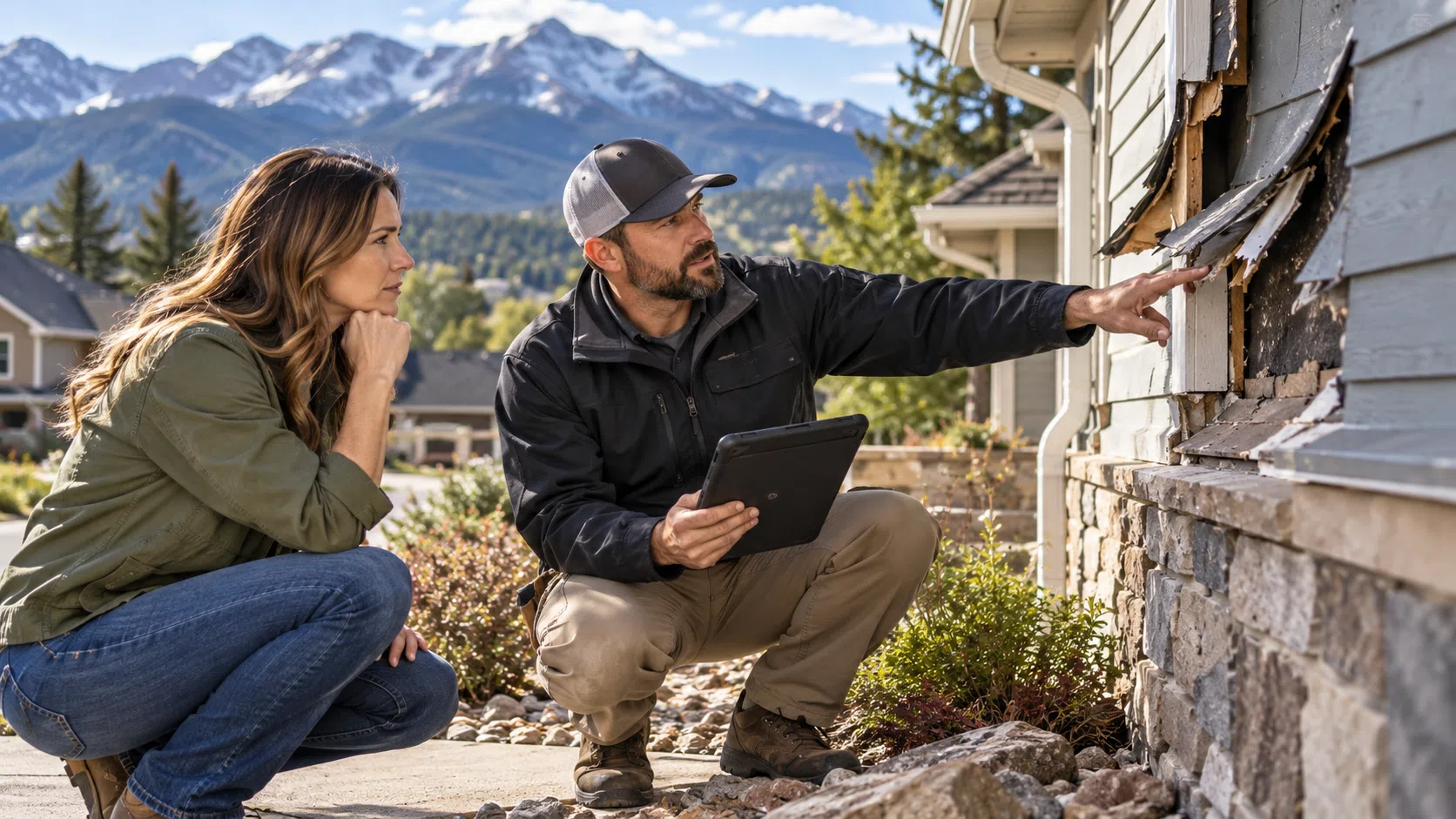 Homeowner and property professional reviewing residential damage and insurance claim information.