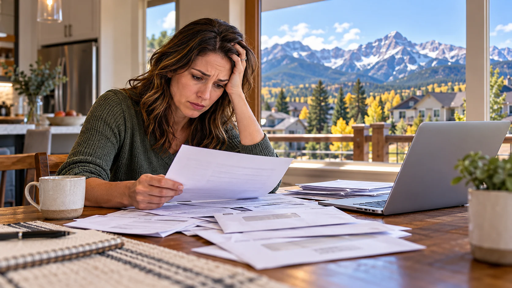 Homeowner studying an insurance claim decision and supporting property records.